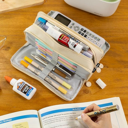 CICIMELON Big Capacity Pencil Case 3 Compartments Pen Pouch Bag Multifunctional Organizer for School Office, Cream