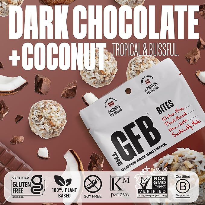 The Gluten Free Brothers Dark Chocolate Coconut Bites - Gluten Free Protein Balls – Non GMO, Soy Free, Vegan – Snack Size Plant Based Protein Energy Balls, 4 oz (6 Count)