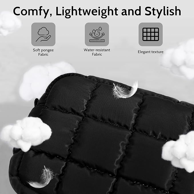 Quilted Cosmetic Bag, Puffer Makeup Bags, Crossbody Purses for women,Cute Travel Toiletry Bag for Women (Black)