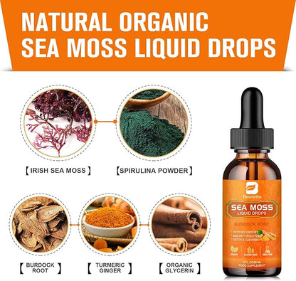Sea Moss Liquid Drops - Organic Irish Sea Moss Raw Gel with Burdock Root, Tumeric, Spirulina, Seamoss Gel Supplement for Immune, Joint, Digestive Support - 2 Fl Oz, Vegan