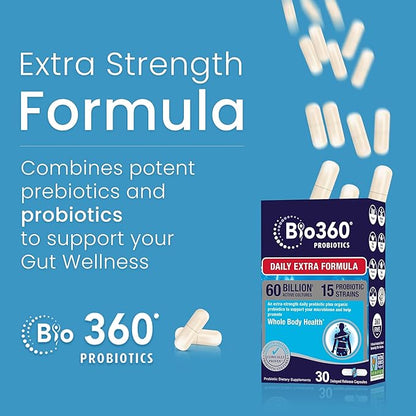 Extra Strength Probiotic for Digestive Health and Immune Support, 60 Billion CFU & 15 Strains, Gut Health Probiotics for Men and Women Supports Occasional Constipation, Diarrhea, Gas & Bloating, 30CT
