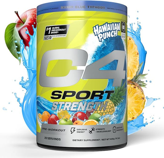 Cellucor C4 Sport Strength Pre Workout Powder - NSF Certified for Sport - Beta-Alanine, Creatine, 200mg Caffeine - Sugar Free Energy Supplement for Men & Women - Hawaiian Punch Berry Blue, 20 Servings