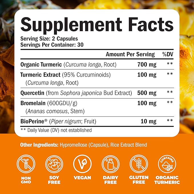 Quercetin with Bromelain Turmeric Supplement - Quercetin 500mg Capsules with Curcumin & Bromelain powder for Allergy & Joint Support. Turmeric Curcumin Bromelain Supplement. 120 Tumeric Caps 2-Pack