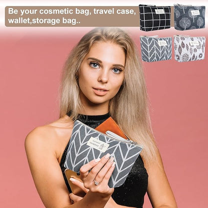 Canvas Makeup Bag Set, 4 Pcs Makeup Pouch Set Multi-Function Travel Zipper Pouch Purse Organizer Pouches, Travel Pouches Toiletry Bag Christmas Gifts Printed Cute Cosmetic Bags for Women Girls