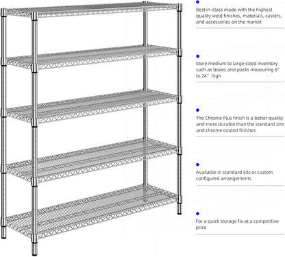 5 Tier Storage Rack Metal Wire Shelving Unit, Storage Standing Shelf Organizer for Laundry Bathroom Kitchen Pantry Closet Garage Basement Utility Room, Chrome 17.7" D x 59.1" W x 70.4" H