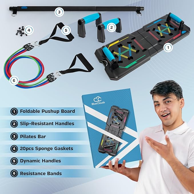 BlueClouds Push Up Board and Pilates Bar Kit