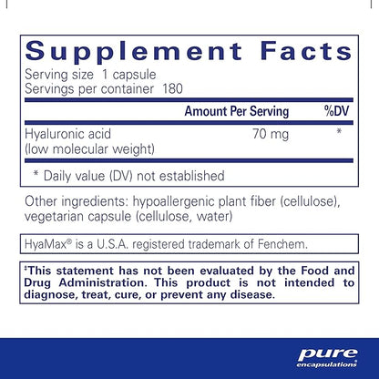 Pure Encapsulations Hyaluronic Acid - for Skin Hydration, Joint Lubrication & Joint Health* - Effective Absorption - Gluten Free - Vegan & Non-GMO - 180 Capsules