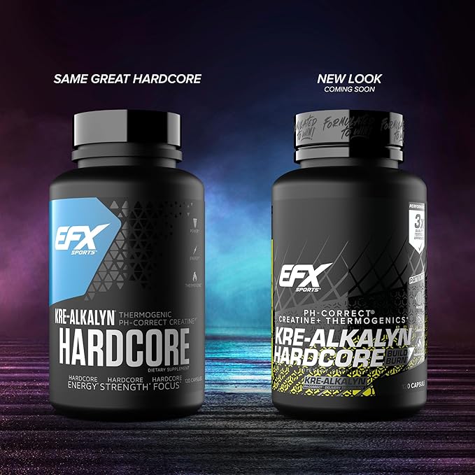 EFX Sports Kre-Alkalyn Hardcore | Thermogenic pH Correct Creatine Monohydrate Pill Supplement | Energy & Strength Pre Workout | 40 Servings, 120 Capsules