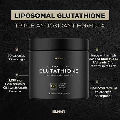 ELMNT 2150mg Super Antioxidant Liposomal Glutathione Supplement w. Vitamin C, Quercetin & Reduced L Glutathione 1000mg - Proven Complex for Best Absorption, Detox, Skin Glow + Immune - 90 Pills