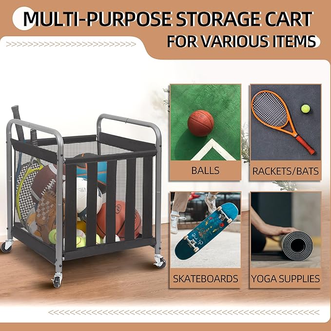 STORAGE MANIAC Ball Storage Bin Rolling Sports Ball Cart, Metal Garage Organizer Sport Rack Basketball Storage Cage for Garage or Gym, Indoor & Outdoor Sports Equipment Organizer
