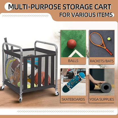 STORAGE MANIAC Ball Storage Bin Rolling Sports Ball Cart, Metal Garage Organizer Sport Rack Basketball Storage Cage for Garage or Gym, Indoor & Outdoor Sports Equipment Organizer
