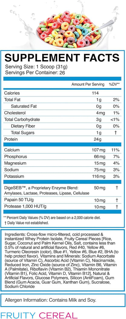 eFlow Nutrition 100% Whey Protein Isolate - Gluten & Lactose-Free Digestive Enzymes Added, Low Carb, Post Workout Shake, Fast Digesting for Optimal Muscle Recovery - Fruity Cereal (26 Servings)