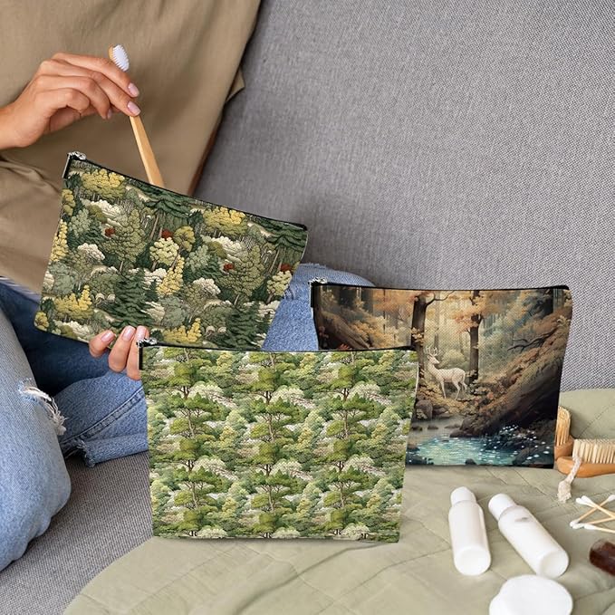3pcs Cosmetic Bags for Women Makeup Bag, Bachelorette Party Favors Christmas Birthday Friendship Gifts for Women Girl Mom Sister Bestie Travel Toiletry Bag Skin Care Bag, Vintage Forest Deer Patterns
