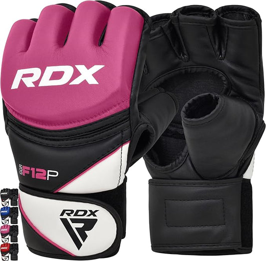 RDX MMA Gloves Grappling Sparring, Maya Hide Leather, Boxing Gloves Men Women Muay Thai Martial Arts Training, Half Finger Adjustable Mitts Wrist Support Kickboxing Cage Fighting Punching Bag Workout