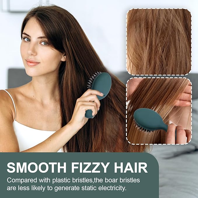 Mini Boar Bristles Hair Bursh, Travel Size Hair Brush for Women Men Kids, Protable Small Hair Brush for Pockets Purses, Mini Detangler Brush for Smooth Add Shine (1 Pack-Green)