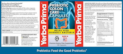 Yerba Prima Prebiotics Colon Care Fiber Caps, 180 Capsules - Five Forms of Fiber Plus FOS Pre-biotics - Dietary Health Supplement - Healthy Soluble & Insoluble Fibers for Regularity