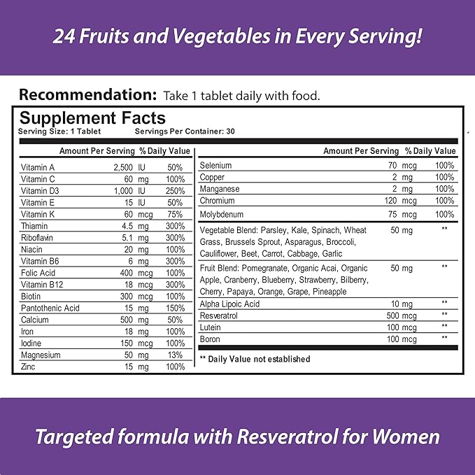 for Women, All Natural, Multivitamin, Multimineral, and Antioxidant with 24 Fruits and Vegetables as Well as Biotin for Hair, Skin, and Nails. 1 Month Supply.