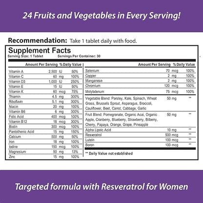 for Women, All Natural, Multivitamin, Multimineral, and Antioxidant with 24 Fruits and Vegetables as Well as Biotin for Hair, Skin, and Nails. 1 Month Supply.
