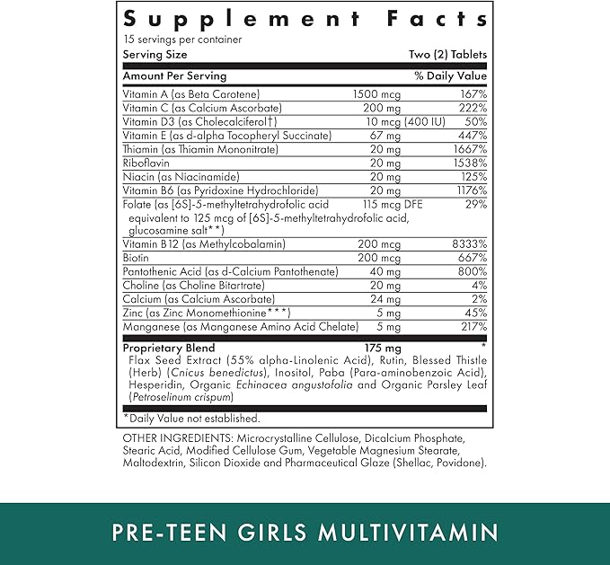 MICHAEL'S Health Naturopathic Programs Pre-Teen Girls - 30 Vegetarian Tablets - Daily Multivitamin for Healthy Growth & Development - Kosher - 15 Servings