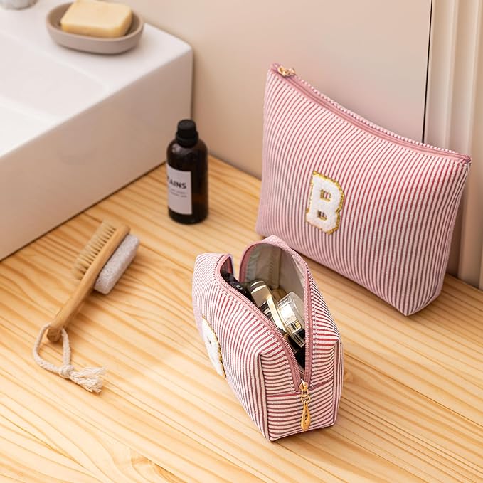 Pink Personalized Initial Makeup Bag Set, Cute Preppy Travel Toiletry Cosmetic Bags, Small Make Up Pouch, Birthday Gifts for Women, Girls, Friends, (W)