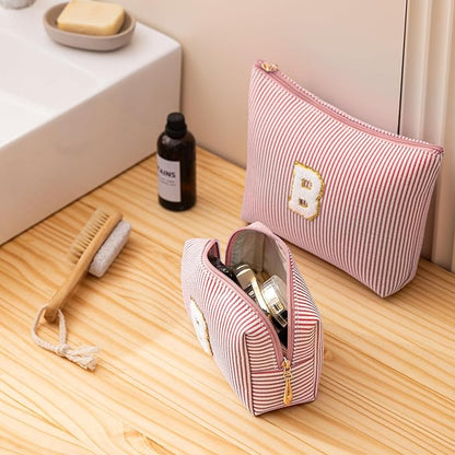 Pink Personalized Initial Makeup Bag Set, Cute Preppy Travel Toiletry Cosmetic Bags, Small Make Up Pouch, Birthday Gifts for Women, Girls, Friends, (W)