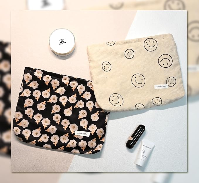 Corduroy Makeup Bag Cosmestic Bag Large Capacity Ladies Women Aesthetic Make Up Organizer Accessories Zipper Pouch Purse （Beige+Black Flowers）