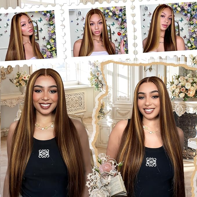 Highlight Ombre Lace Front Wig Human Hair 200% Density Highlight Wig Human Hair 7x5 Ombre Straigtht Honey Blonde Wig 30 Inch Brown Highlighted Wig Pre Plucked With Baby Hair