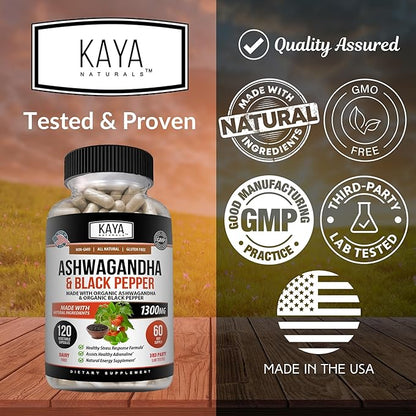 Kaya Naturals Organic Ashwagandha 1300mg, 120 Count Capsules for Stress Relief, Adrenal, Mood & Thyroid Support, Black Pepper and 100% Pure Ashwagandha -120 Capsules