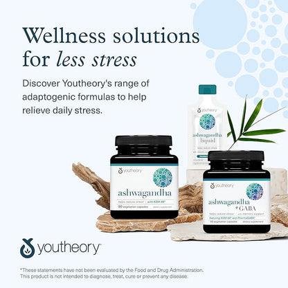 Youtheory Ashwagandha + GABA - 1,000 mg Ashwagandha & 100 mg GABA - Cortisol, Stress & Memory Support Supplement - 60 Vegetarian Capsules