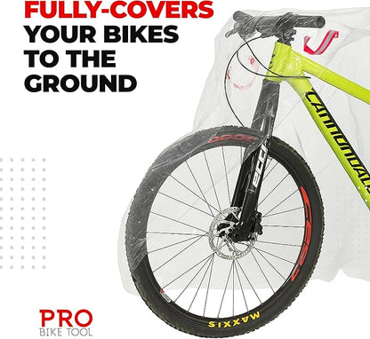 PRO BIKE TOOL Bicycle Cover Transparent PVC 0.15mm Thick, Reflective Safety Loops, Chain Hole Rings, Wheel Fit Rope, Adjustable Buckle Strap, Storage Bag, Large Size