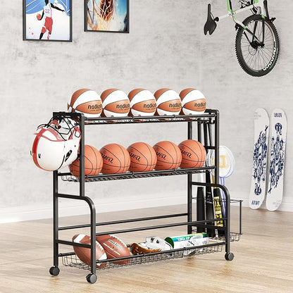 Sports Equipment Garage Organizer - Ball Storage Garage - Ball Storage Rack - Rolling Ball Cart with Wheels Basket and Hooks for Basketballs Footballs Volleyballs in Gym Playgroup and School.