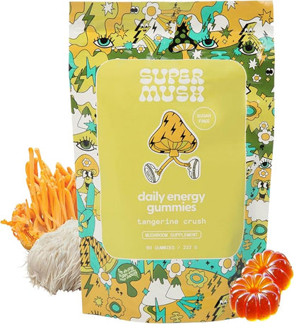 SuperMush Energy Mushroom Gummies - Organic Lions Mane Supplement with Cordyceps, Rhodiola, L-Theanine, Maca - Vegan & Sugar-Free - Energy, Focus, Stamina, Stress Reduction - 60 Gummies (30 Servings)