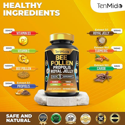Organic Bee Pollen Supplement for Men and Women, 7in1 Formula with Propolis, Royal Jelly, Turmeric, Carob & More - Energy, Immune, Digestive Support - Rich in Nutrient, Vitamins - 150 Capsules