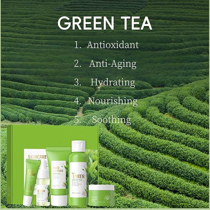 Green Tea Skin Care Kit Teenage Girls Gifts - Teen Skin Care Set - with Face & Eye Cream,Toner,Serum,Cleanser Face Wash - Easter Gifts for Women - Travel Essentials for Women (5PCS)
