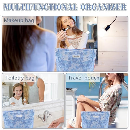 ZLFSRQ Flower Makeup Bag Travel Cute Floral Cosmetic Bags for Women Large Toiletry Pouch Zipper Cosmetic Pouch for Purse Aesthetic Embossed Blue Makeup Organizer Bag Portable Toiletry Bags