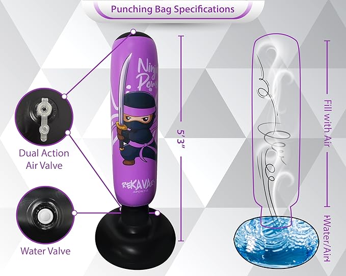Punching Bag for Kids - 5' 3" Tall and Stable - Ninja Kids Inflatable Punching Bag Combo Kit with Kids Boxing Gloves, a Pump and Repair Kit. Boxing Bag for Immediate Bounce Back