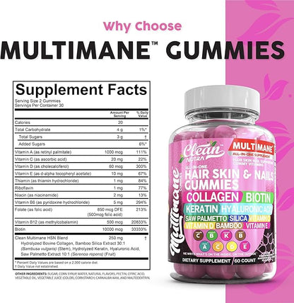 Biotin Collagen Keratin Gummies | Hair Skin and Nails Vitamins for Women | Hyaluronic Acid Bamboo Vitamin A C D3 E Folate With Saw Palmetto Silica B3 B12 Vegan Gummy By Clean Nutra