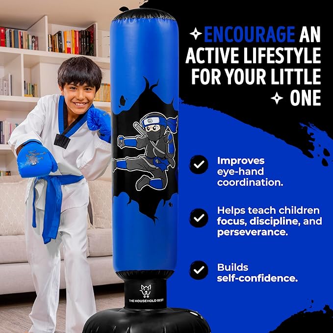 THB Punching Bag for Kids - Inflatable Punching Bag Stand with Boxing Gloves for Kids Age 3-8, 63” Ninja Boxing Bag with Electric Air Pump to Practice Taekwondo, Karate, MMA, Bouncing Back Boxing Set