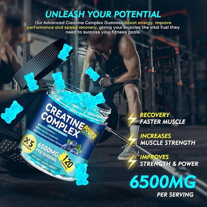 Creatine Monohydrate Gummies 6500mg per Serving for Men & Women - 120 Gummies X5 Strength Sugar Free Chewable Creatine for Muscle Builder, Muscle Strength, Pre-Workout Supplement (Blueberry)