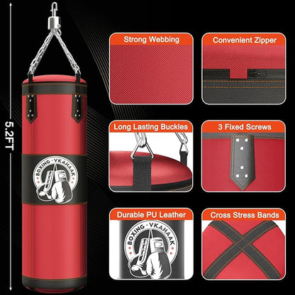 4FT Punching Bag for Adults/Kids, Unfilled Heavy Punching Bag, Boxing Bag Set with Punching Gloves, Wraps, Chain, Ceiling Hook for MMA Kickboxing Boxing Karate Muay Thai Taekwondo