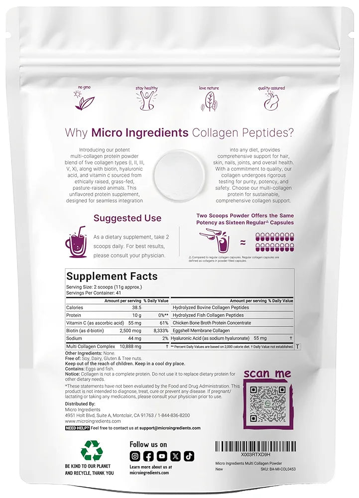 Micro Ingredients Multi Collagen Peptides Powder, 16oz | Type I, II, III, V, X + Biotin, Vitamin C & Hyaluronic Acid | Unflavored | Supports Hair, Skin & Joint Health | Keto, Non-GMO