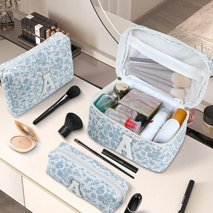 3 Pcs Travel Initial Quilted Makeup Bag set, Toiletry Personalized Floral Makeup Bag Birthday Gifts for teens girls and women, Cosmetic bags makeup organizer bag set-C