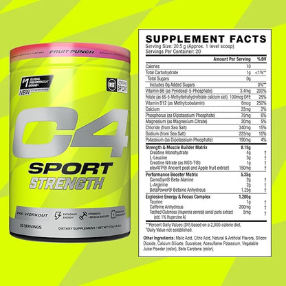 Cellucor C4 Sport Strength Pre Workout Powder - NSF Certified for Sport - Beta-Alanine, Creatine, 200mg Caffeine - Sugar Free Energy Supplement for Men & Women - Fruit Punch, 20 Servings