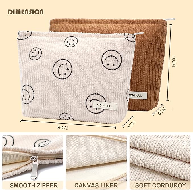 Corduroy Makeup Bag Cosmestic Bag 2pcs Large Capacity Ladies Women Aesthetic Make Up Organizer Accessories Zipper Pouch Purse 2PCS