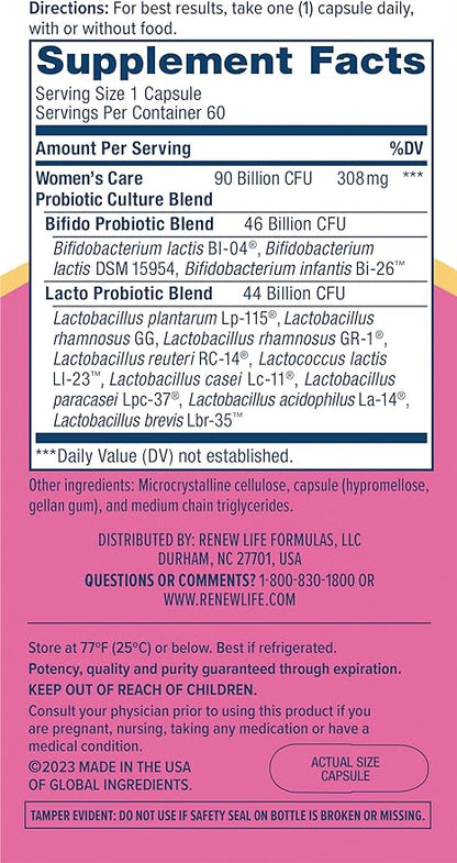 Renew Life Women's Probiotic Capsules, Supports pH Balance for Women, Vaginal, Urinary, Digestive and Immune Health, L. Rhamnosus GG, Dairy, Soy and Gluten-Free, 90 Billion CFU - 60 Ct