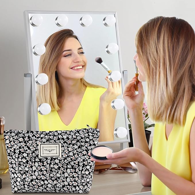 Flower Makeup Bag Travel Large Cosmetic Bag for Women Cute Cotton Makeup Pouch Zipper Cosmetic Pouch for Purse Aesthetic Black Floral Make up Organizer Bag Portable Toiletry Bags
