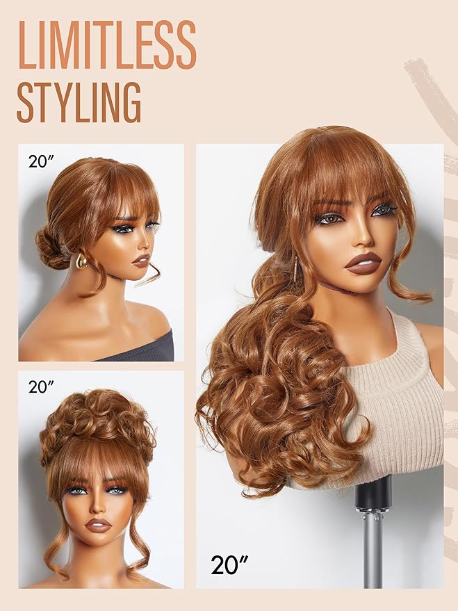 GORGIUS Glueless Wavy Wig with Bangs Honey Brown Synthetic Curtain Bang Wig with Realistic Scalp 22 Inch