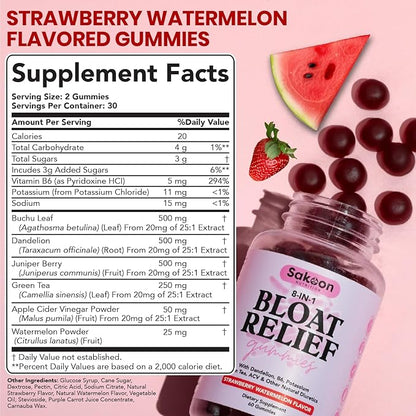 Sakoon nutrition Bloating Relief Gummies for Women - Green Tea, ACV, Dandelion, Buchu Leaf, Natural Digestion Support, 60 Gummies, Watermelon Flavor