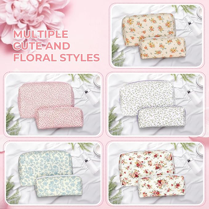 Quilted Makeup Bag Set,Large Quilted Floral Cosmetic Bag For Women,Cute Cotton Makeup Brushes Storage Bags Flower Travel Toiletry Organizer Bag(Pink Floral)