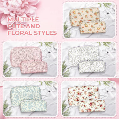 Quilted Makeup Bag Set,Large Quilted Floral Cosmetic Bag For Women,Cute Cotton Makeup Brushes Storage Bags Flower Travel Toiletry Organizer Bag(Pink Floral)